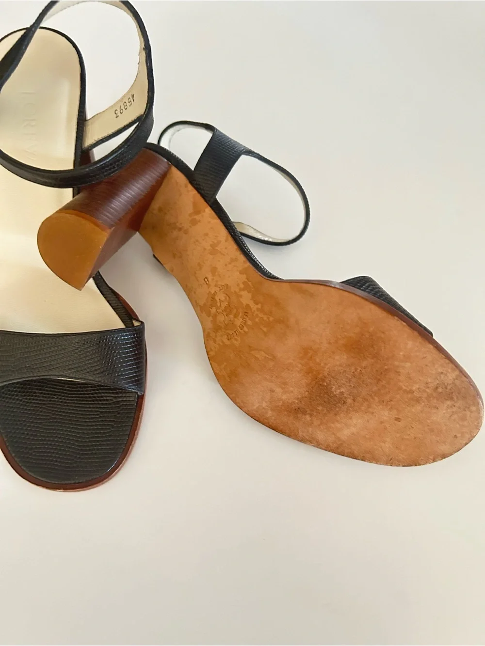J. Crew Italy block heel sandals, lizard embossed, all leather, black, size 8